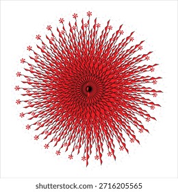 Complex Red Radial Starburst or Mandala Design, Abstract Explosion of Wavy Lines and Flower Tips Element Vector Illustration

