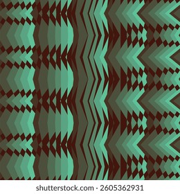 a complex, repeating pattern with a strong geometric and abstract quality. It includes zigzag lines, diamond-like shapes, and a gradient effect with teal and brown hues.