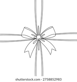 Complex ribbon bow with crossing lines. Package wrapping outline framework. Detailed decorative knot gift element.