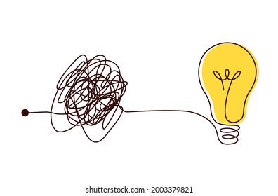 Complex scribble lines knot simplified into light bulb. Complex problem solving, making difficult decision or finding new business idea concept. Chaos turning into simple solution.