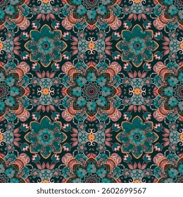 Complex seamless ethnic ornament with mandalas and flowers in fashionable colors transformative teal and mocha mousse. Beautiful textile print.