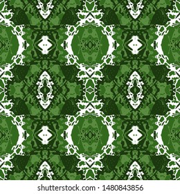 Complex seamless pattern with abstract theme and white areas on a green background. Vector illustration