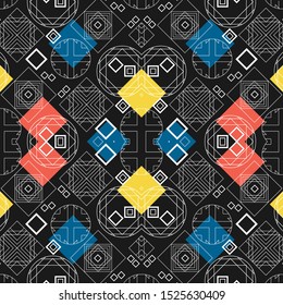 Complex seamless pattern with white geometric compositions and colored squares on a black background. Vector illustration