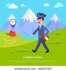 Complex service to any part of the world. World delivery banner with postman and tent in the mountains. Mailman in suit deliver envelope anywhere. Vector illustration of web poster in cartoon style