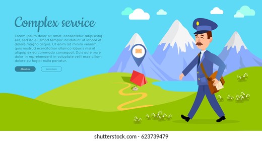 Complex service cartoon web banner. Postman in uniform with bag full of letters walking on green mountain meadow flat vector illustration. Horizontal concept for mail or post company landing page
