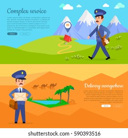 Complex service delivery anywhere web banner. World delivery picture with postman. Mailman in suit walking in hot summer day Express mail at any weather conditions vector illustration in cartoon style