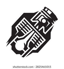 Complex, sharp-edged black silhouette depicting a stylized mechanical head or futuristic tribal mask with various geometric patterns.