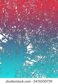 A complex silhouette of tree branches and twigs against a gradient background of blue and pink hues, creating a theme that is both melancholic and cheerful.