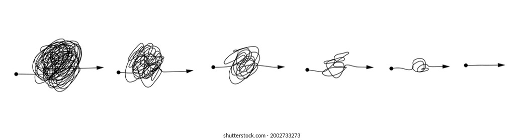 Complex and simple line path set. Scribble line knot from complicated to simplicity shapes for psychotherapy decision, mind or business chaos, way of making difficult choice simply.