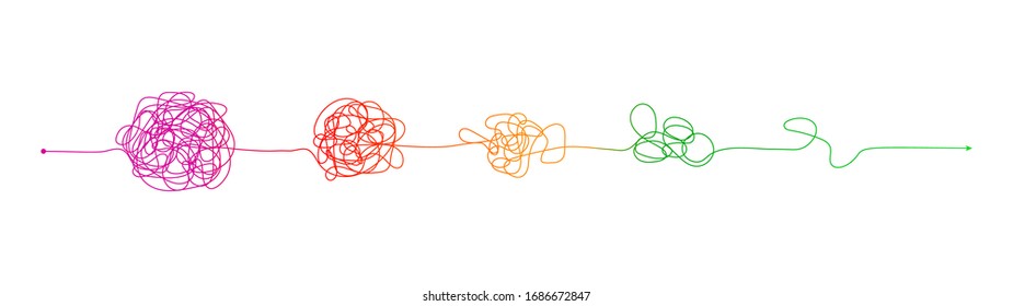 Complex to simple. Messy clew connected lines, brain imagination, scribbled tangle round elements, way streamlining process, vector solving problem concept