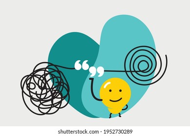 Complex to simple. Messy clew connected lines, brain imagination, scribbled tangle round elements, way streamlining process, vector solving problem concept with lightbulb illustration.