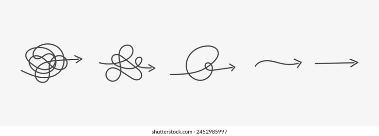 Complex to simple process concept. Line mind process. Simplification, straight and curve line arrow. Vector illustration