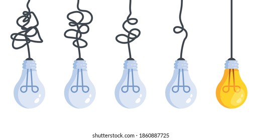 From complex to simple. Simplification streamlining process, complex confusion, clarity idea solution with light bulbs vector complicating problem concept. Flat style vector illustration.