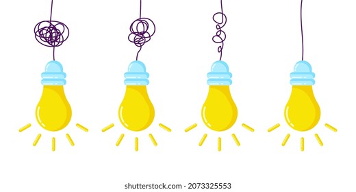 From complex to simple. Simplification streamlining process, complex confusion, clarity idea solution with light bulbs vector complicating problem concept