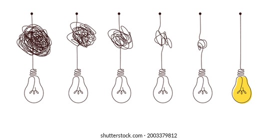 Complex to simple way to create idea - messy clew symbols with light bulb. Scribble line knot from complicated to simplicity round elements, concept of transition from difficult to easy.