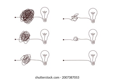 Complex to simple way to create idea - messy clew symbols with light bulb. Scribble line knot from complicated to simplicity round elements, concept of transition from difficult to easy.