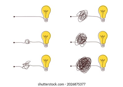 Complex to simple way to create idea - messy clew symbols with light bulb. Scribble line knot from complicated to simplicity round elements, concept of transition from difficult to easy.