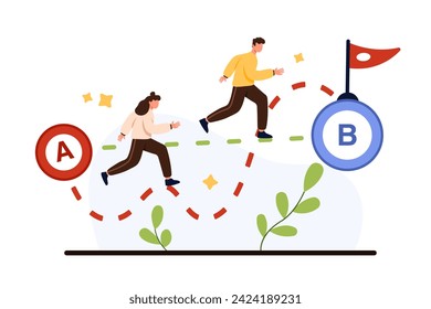 Complex and simple ways to solve hard business problems. Tiny two people running from point A to B, man choosing shortcut in straight line, woman on difficult path cartoon vector illustration