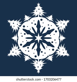 Complex snowflake with Christmas trees, winter design element. Stock vector illustration.