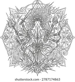 Complex spiritual entity with multiple arms holding weapons, sacred geometric background mystical art piece.