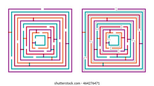 Complex square maze. Transparent overlapping colorful linear vector labyrinth 