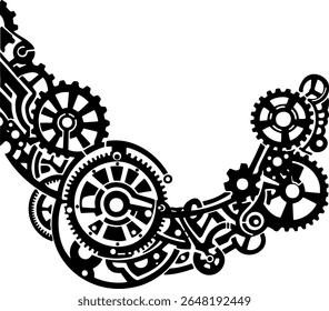 Complexo steampunk crescente ilustração lua com engrenagens e elementos mecânicos recorte. Conceito abstrato. Design vetorial para corte a laser, decalque. 