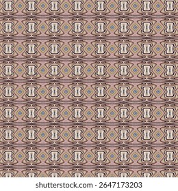 Complex striped diamond and swirl motifs in pink, brown, and blue tones forming a textured psychedelic pattern. swirl, abstract, diamond, pattern, retro