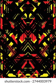 Complex symmetrical abstract design in red yellow and black with sharp geometric overlays. High energy esports background ideal for gaming apparel and sublimation print