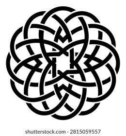 A complex, symmetrical geometric pattern resembling a Celtic knot or mandala. The design features interwoven black lines on a white background, creating a sense of symmetry and complexity.