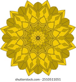 A Complex and Symmetrical Golden Yellow Mandala Pattern with Floral Design, Symbolizing Tranquility and Perfection.