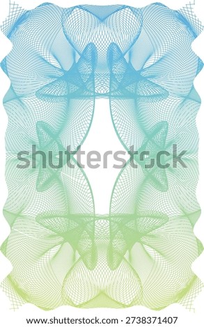 A complex symmetrical guilloche spirograph pattern with gradient colors transitioning from green to blue. This abstract geometric design is ideal for use in certificates, diplomas, security backgrounds, decorative borders, and ornamental art projects.