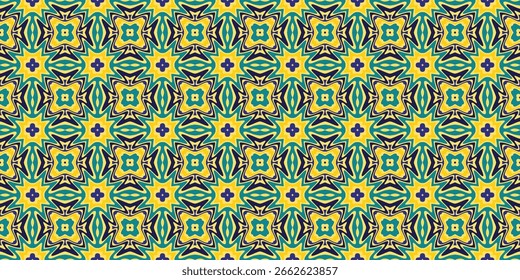 A complex, symmetrical kaleidoscope pattern featuring intricate geometric shapes like stars and quatrefoils in a vibrant palette of yellow, teal, and dark blue.