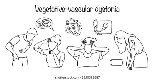 Um complexo de manifestações sintomáticas caracterizando a disfunção do sistema nervoso autônomo. Pessoas atraídas pela linha com os principais sintomas de distonia vegetativo-vascular. Ilustração vetorial.