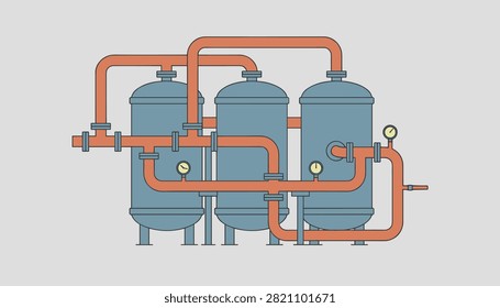 Complex system of industrial metal tanks connected by copper pipes in manufacturing plant.