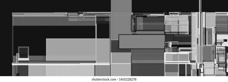 Complex techno pattern consisting of a random arranged rectancles. Background in a greyscale colors. Abstract template. Creative geometrical backdrop, recembling to urban cityscape from top view.