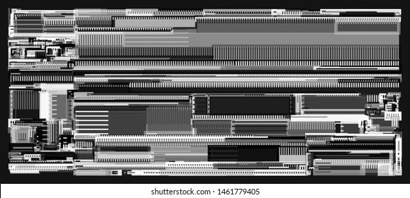 Complex techno pattern consisting of a random arranged rectancles. Background in a greyscale colors. Abstract template. Creative geometrical backdrop, recembling to urban cityscape from top view.
