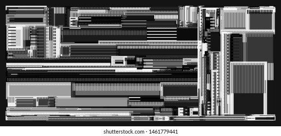 Complex techno pattern consisting of a random arranged rectancles. Background in a greyscale colors. Abstract template. Creative geometrical backdrop, recembling to urban cityscape from top view.