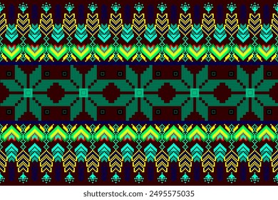 complex traditional geometric patterns Eastern ethnic pixel pattern They come in bright green-yellow and turquoises. Create a striking and symmetrical design. Vector, illustration, texture, clothing