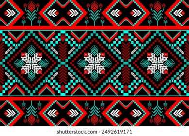 complex traditional geometric patterns Oriental ethnic pixel pattern, available in bright red, blue, white, and turquoise. Create a striking and symmetrical design. vecto,illustration,texture,clothin