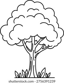 Complex tree illustration showing bark texture and bushy leaves, includes grass patches at base, professional vector art