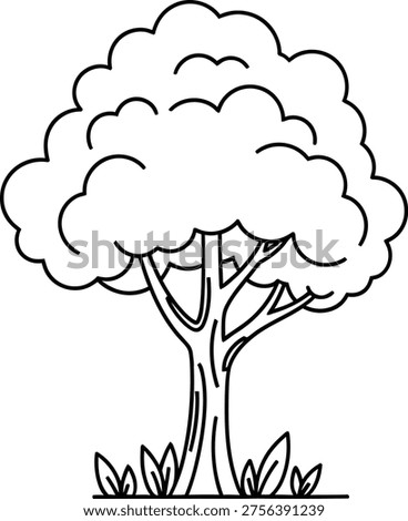 Complex tree illustration showing bark texture and bushy leaves, includes grass patches at base, professional vector art