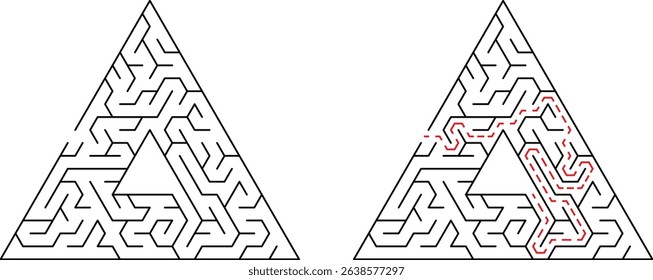 Complex triangular maze with solved route representing problem solving and solution finding