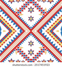 Complex tribal pattern with prominent symbols and a harmonious blend of colors, vector style.