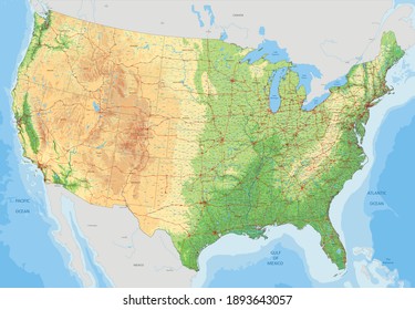 Complex USA physical map with every major city, roads and hydrography.