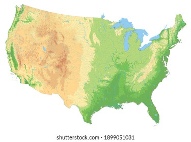 Complex USA physical map with hydrography.