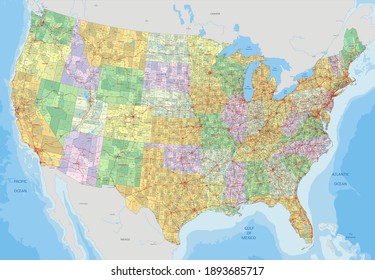 Complex USA political map with every county, major city, roads and hydrography.
