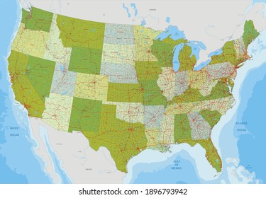 Complex USA political map with, every major city and roads. Green color scheme.