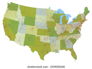 Complex USA political map with, every major city and roads. Green color scheme.