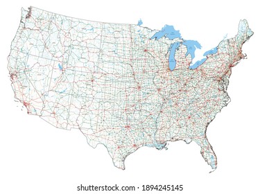 Complex USA road map with Interstates, U.S. Highways and main roads.
