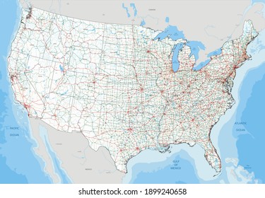 Complex USA road map with Interstates, U.S. Highways and main roads.